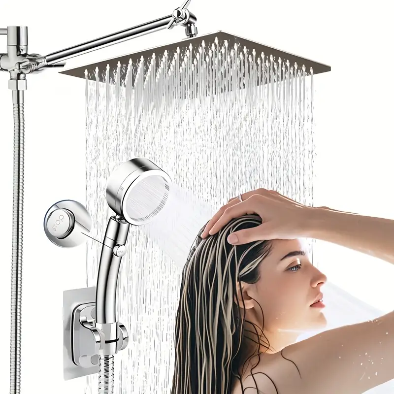 Shower Head, High-pressure Showerhead/handheld Shower Combination, with 8-inch Top Spray, 9 Adjustable Leak Proof Shower Heads, with Bracket/hose, Adjustable Angle, Contemporary Desig