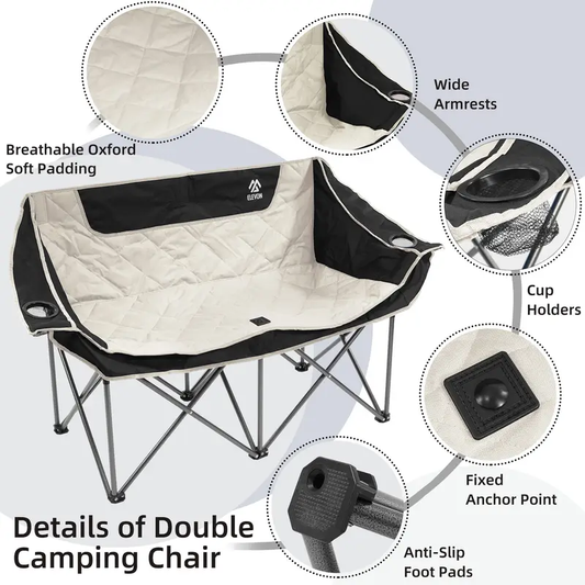 FITVIDS 2-Person Oversized Camping Chair,Heavy-Duty Outdoor Chair for Friends,with Cup Holders, Armrests and Carry Bag – Portable, Collapsible Design for Beach, Picnics, Backyard and Camping